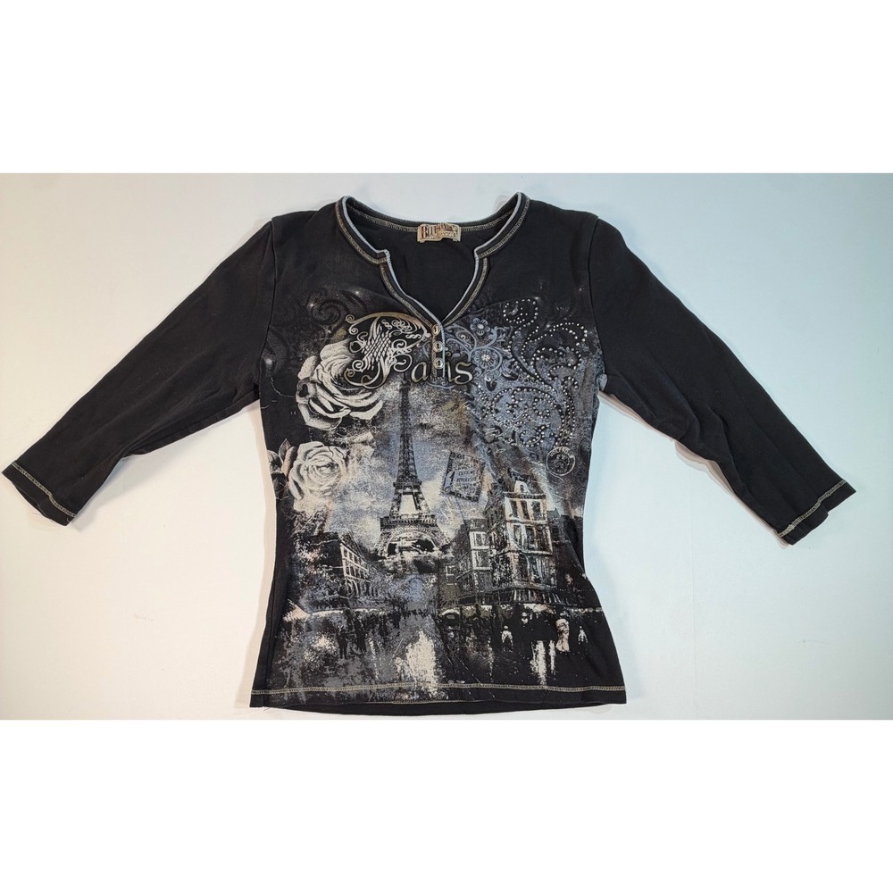 Blue Canyon Clothing Paris Eiffel Tower Graphic Top Rhinestone Henley S Y2K